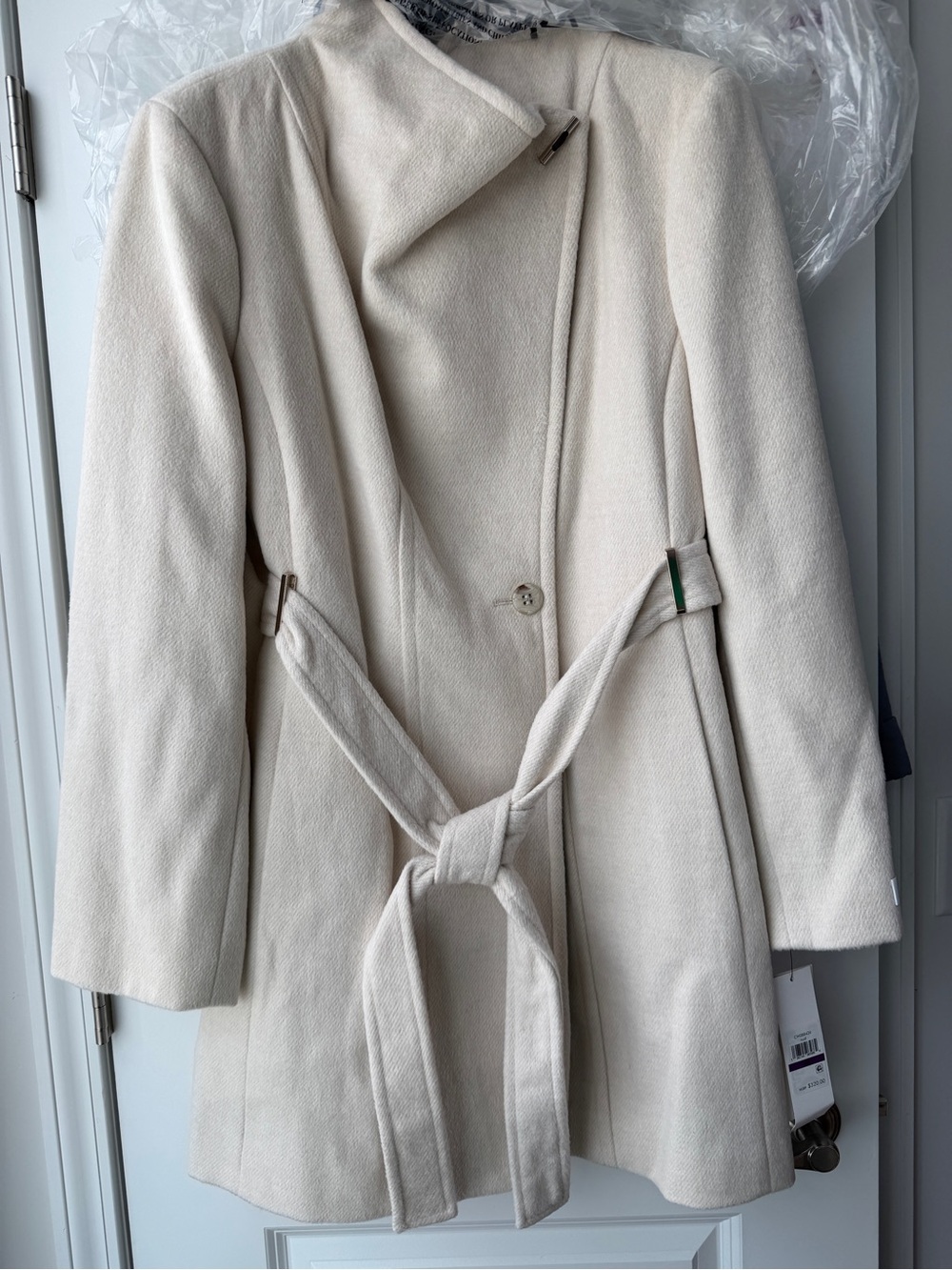 NWT Calvin Klein Cream Asymmetrical Belted Wool Trench Coat